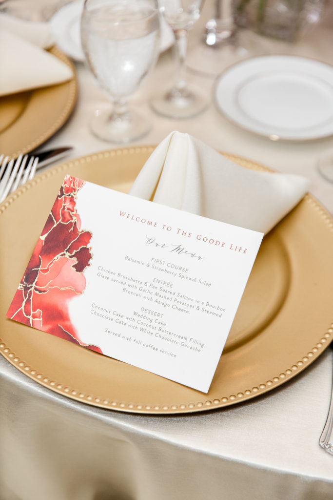 red white and gold menu cards statuesque events