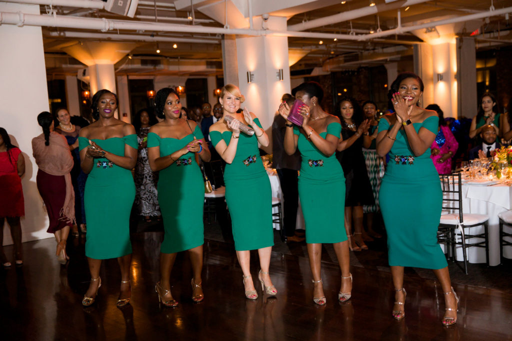 bridesmaids in green knee length dresses new york city wedding planner statuesque events