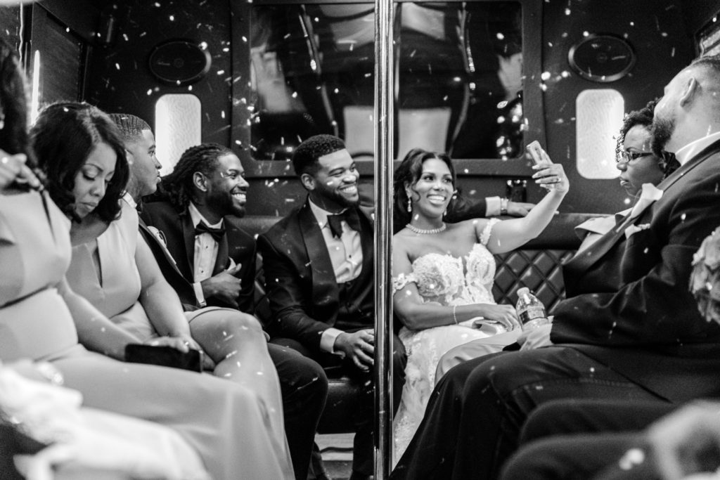 bridal party in party bus statuesque events
