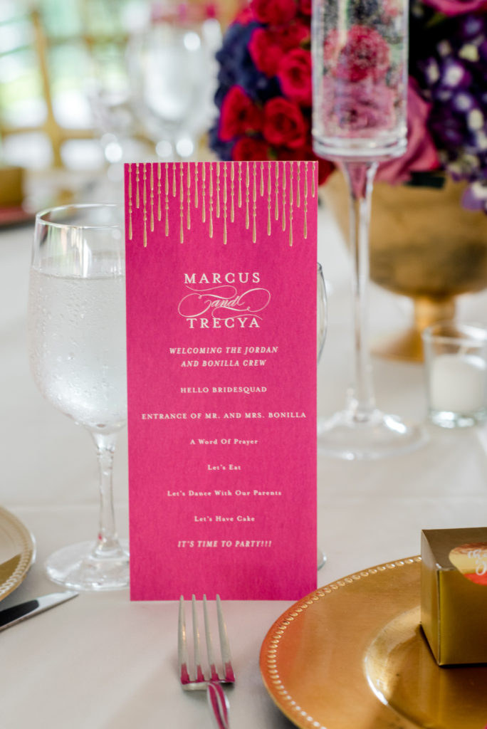 Fuschia wedding menu card statuesque events